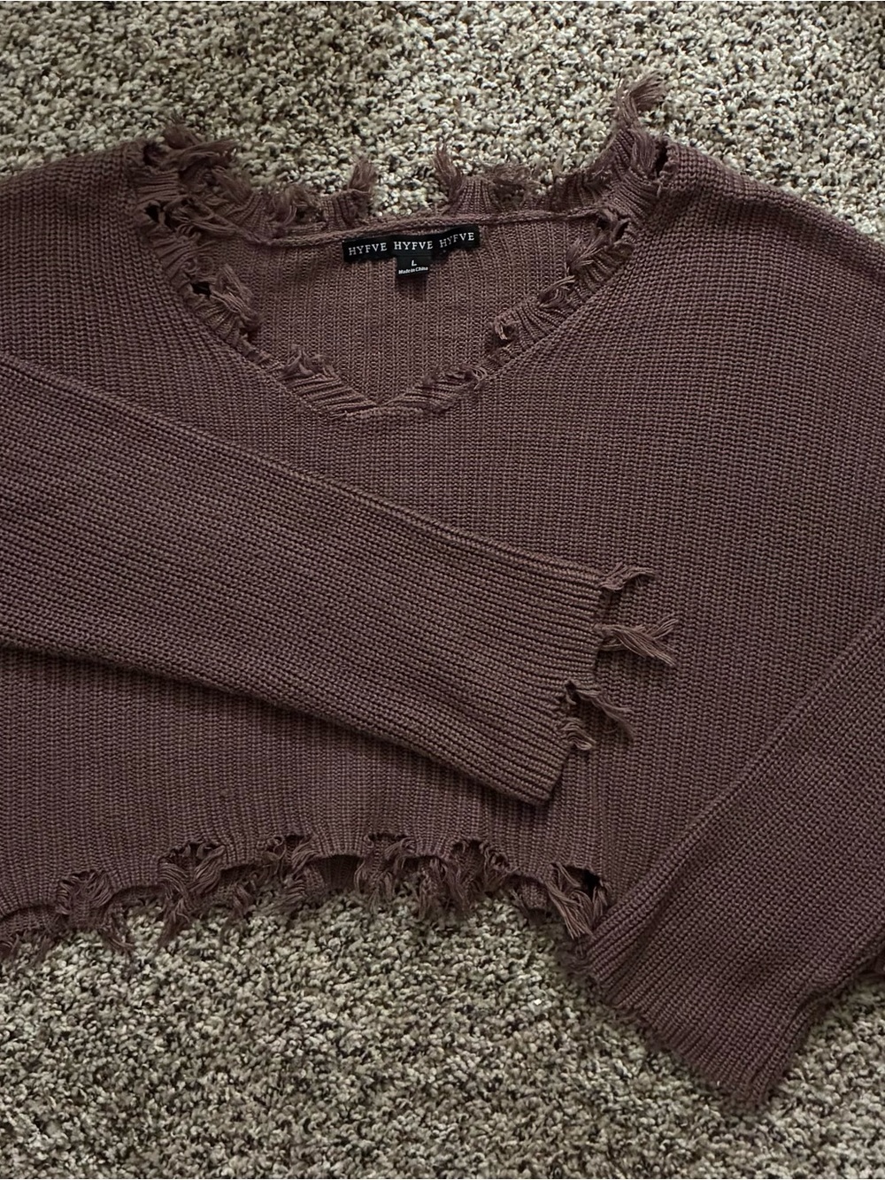 Distressed V-Neck Sweater in Mauve